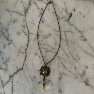Yellow Stone Pendant Necklace with Ornate Design Details Dark Bronze Color Metal
